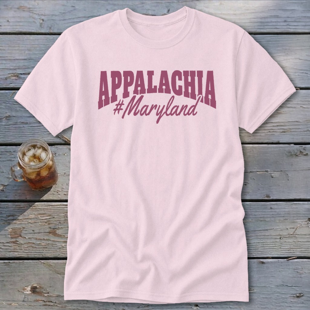 Pink t-shirt with "APPALACHIA #Maryland" text in burgundy.