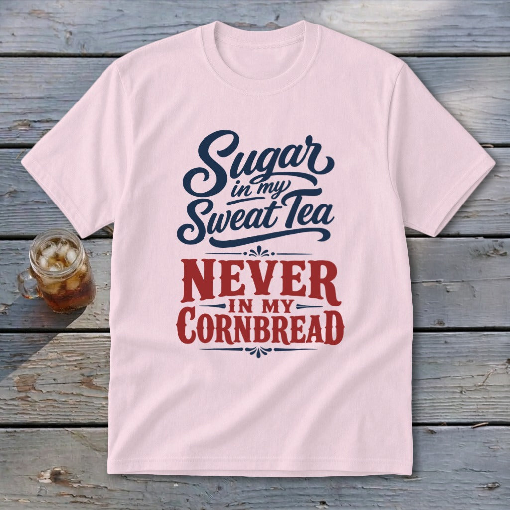 A light pink t-shirt with navy and red text that reads Sugar in my Sweat Tea, NEVER IN MY CORNBREAD laid flat on a rustic wooden table next to a glass of sweet tea.