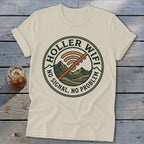 Cream t-shirt with "Holler Wifi No Signal, No Problem" circular graphic.