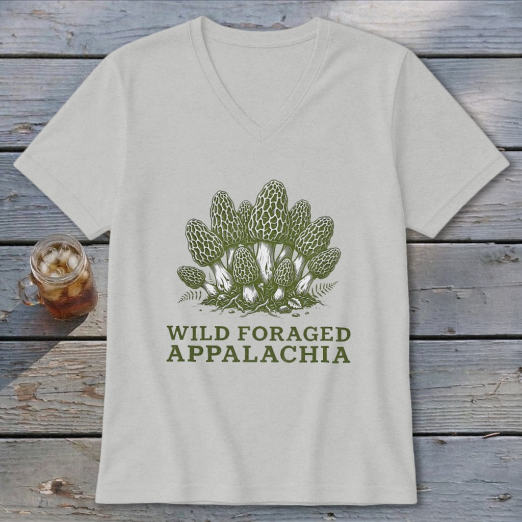 T-shirt with green morel mushrooms and text "Wild Foraged Appalachia" graphic.