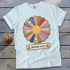 Light blue t-shirt with a Dresden Plate quilt design and "DRESDEN PLATE" text.