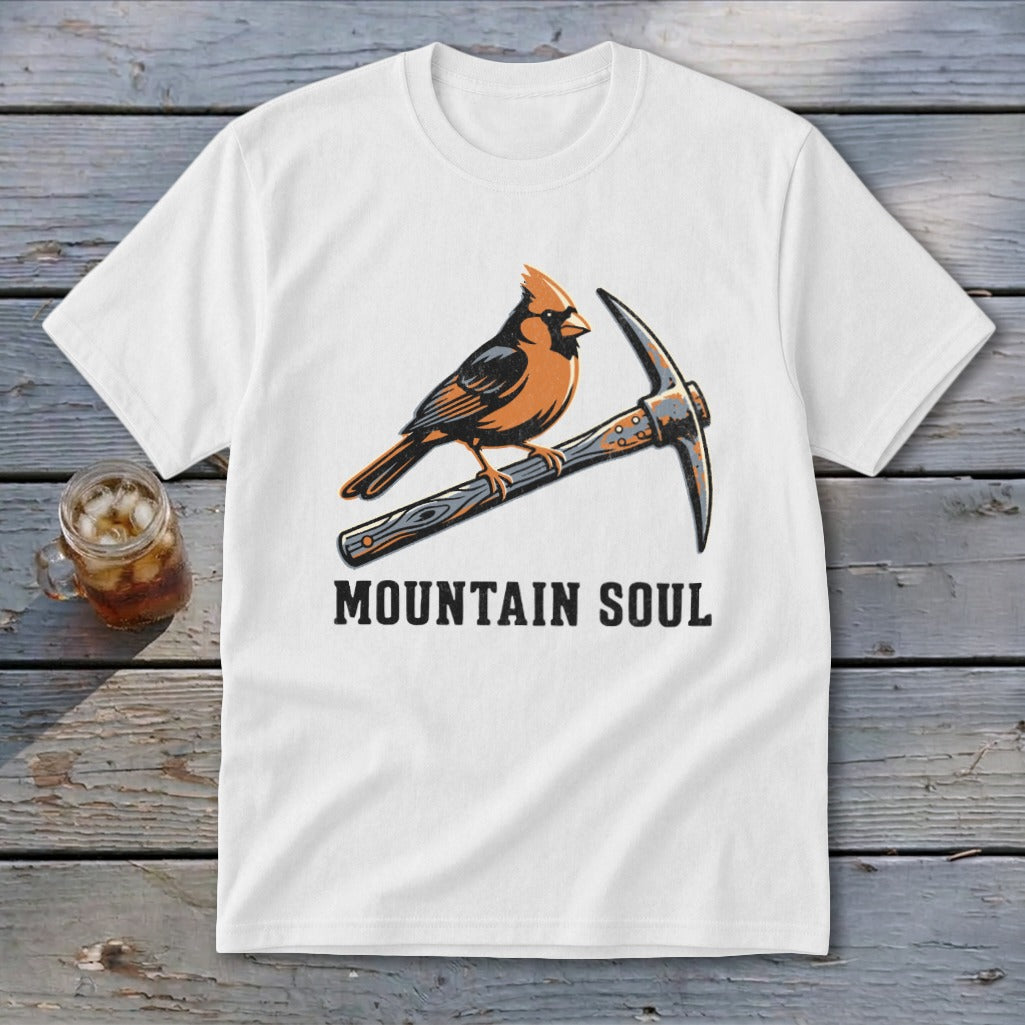 White t-shirt with a cardinal perched on a pickaxe, text reads "MOUNTAIN SOUL".