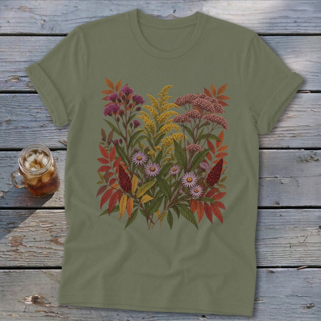 Olive green t-shirt with an intricate floral illustration in autumnal colors.