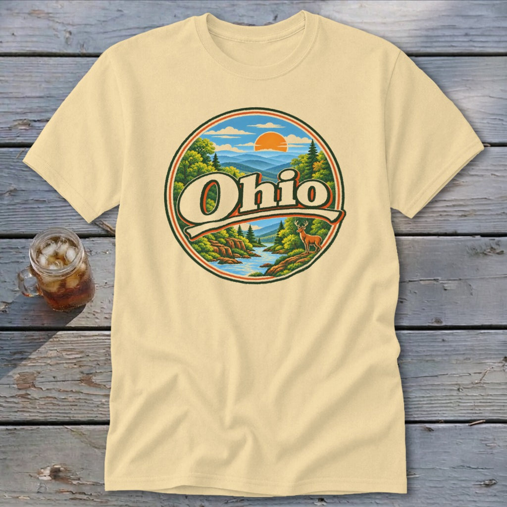 Cream t-shirt with a circular vintage Ohio graphic featuring a deer and river scene.