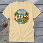 Cream t-shirt with a circular vintage Ohio graphic featuring a deer and river scene.