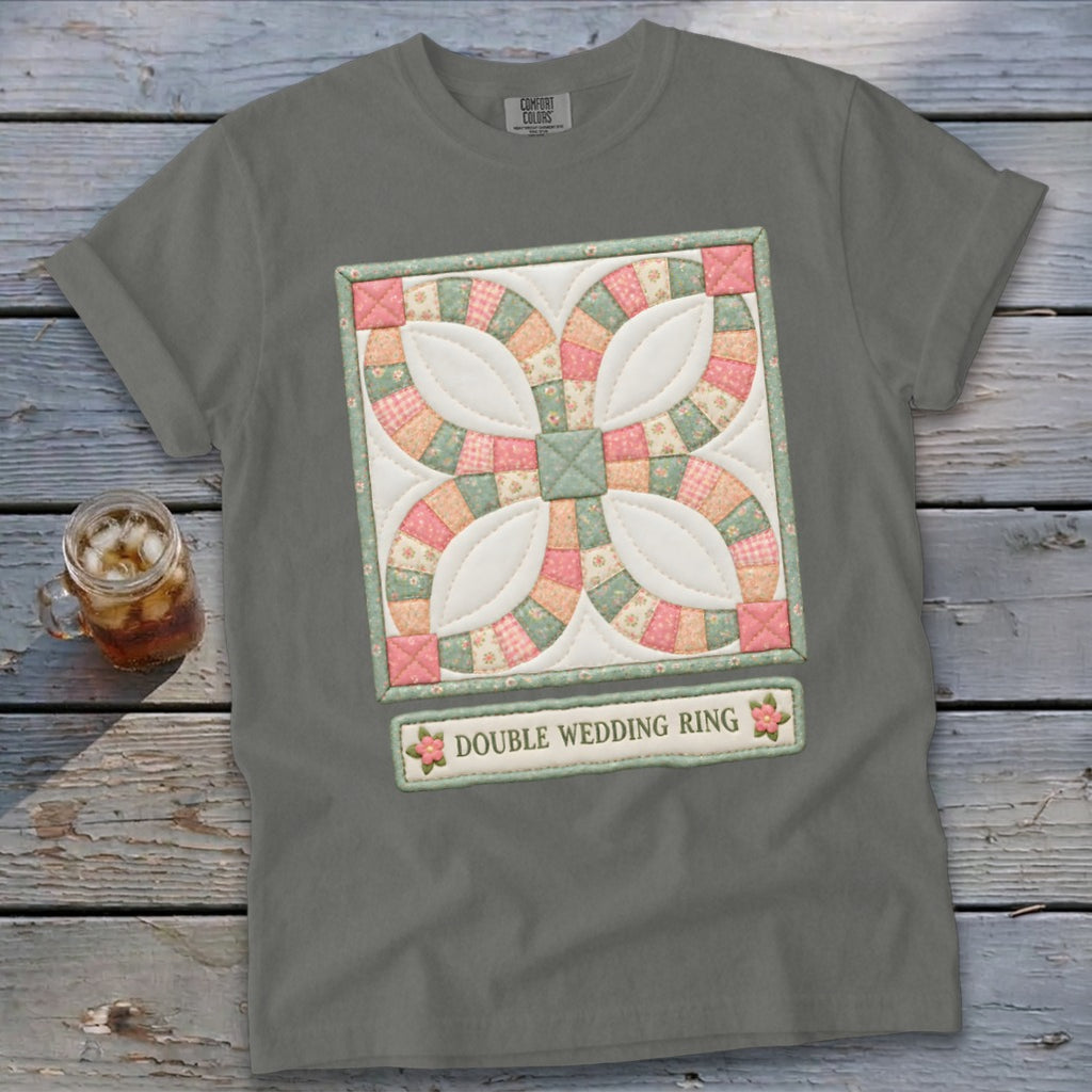 Grey t-shirt with Double Wedding Ring quilt design and text.