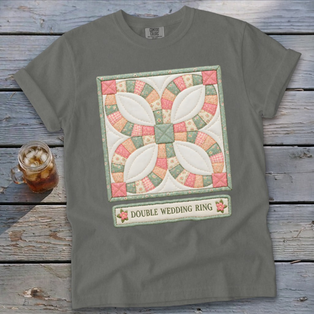 Grey t-shirt with Double Wedding Ring quilt design and text.