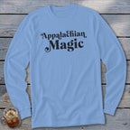 Light blue long-sleeve shirt with "Appalachian Magic" text in black script.