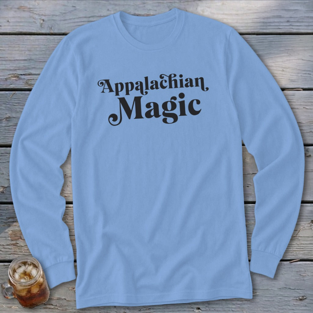 Light blue long-sleeve shirt with "Appalachian Magic" text in black script.