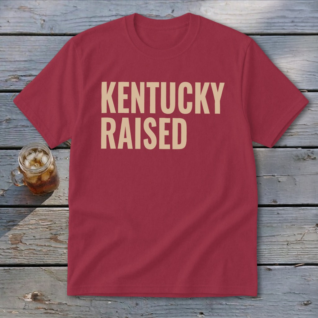 Red t-shirt with "KENTUCKY RAISED" text in tan.