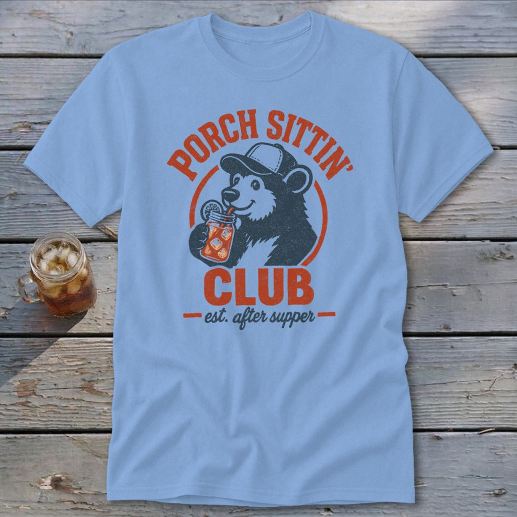 Light blue t-shirt with a distressed graphic of a bear drinking from a jar.