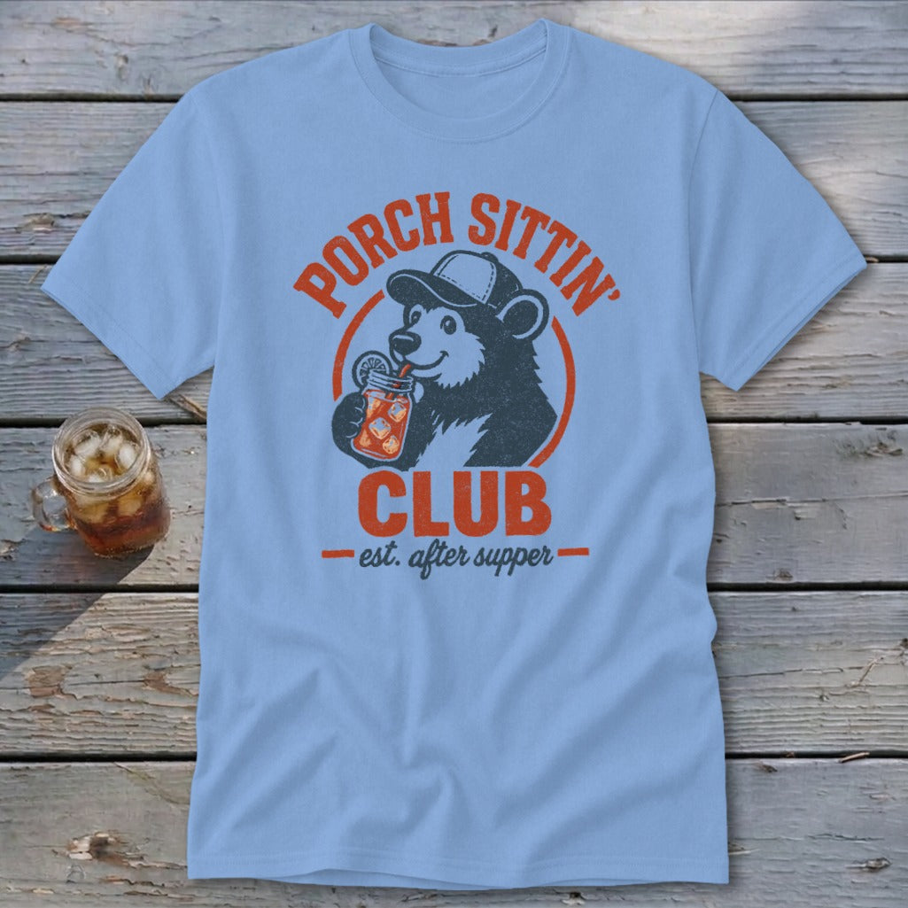 Light blue t-shirt with a distressed graphic of a bear drinking from a jar.