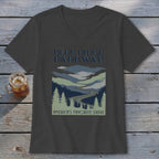 A dark gray V-neck t-shirt featuring a Blue Ridge Parkway landscape graphic with a winding road.