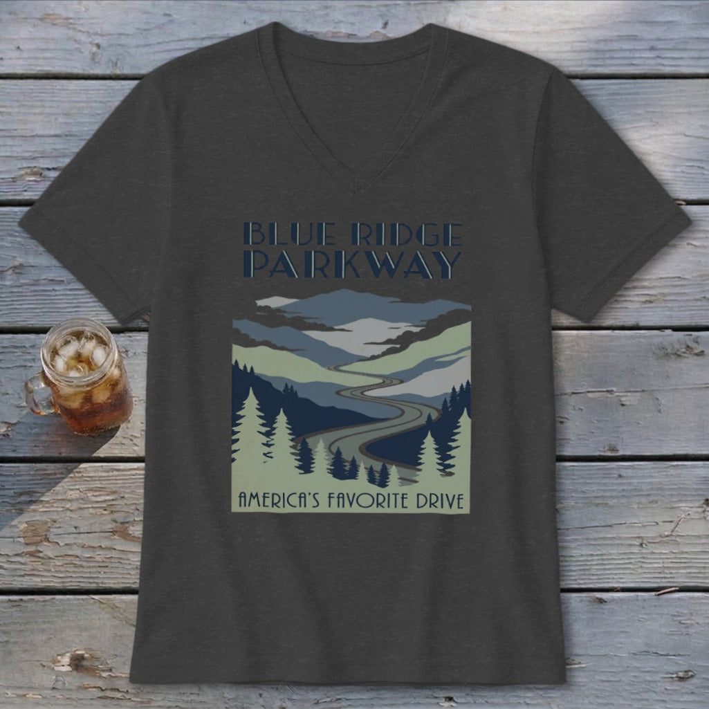 A dark gray V-neck t-shirt featuring a Blue Ridge Parkway landscape graphic with a winding road.