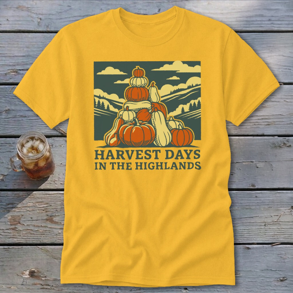 Gold t-shirt featuring a stack of pumpkins and the text "Harvest Days in the Highlands."