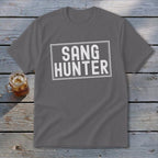 Gray t-shirt with white text "SANG HUNTER" inside a rectangular border.
