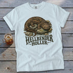 White t-shirt with hellbender salamander graphic and "Hellbender Holler" text.