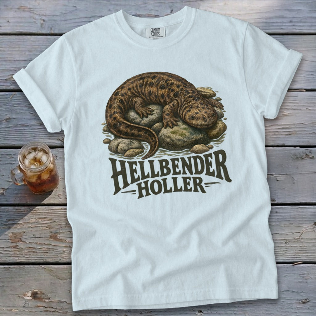 White t-shirt with hellbender salamander graphic and "Hellbender Holler" text.