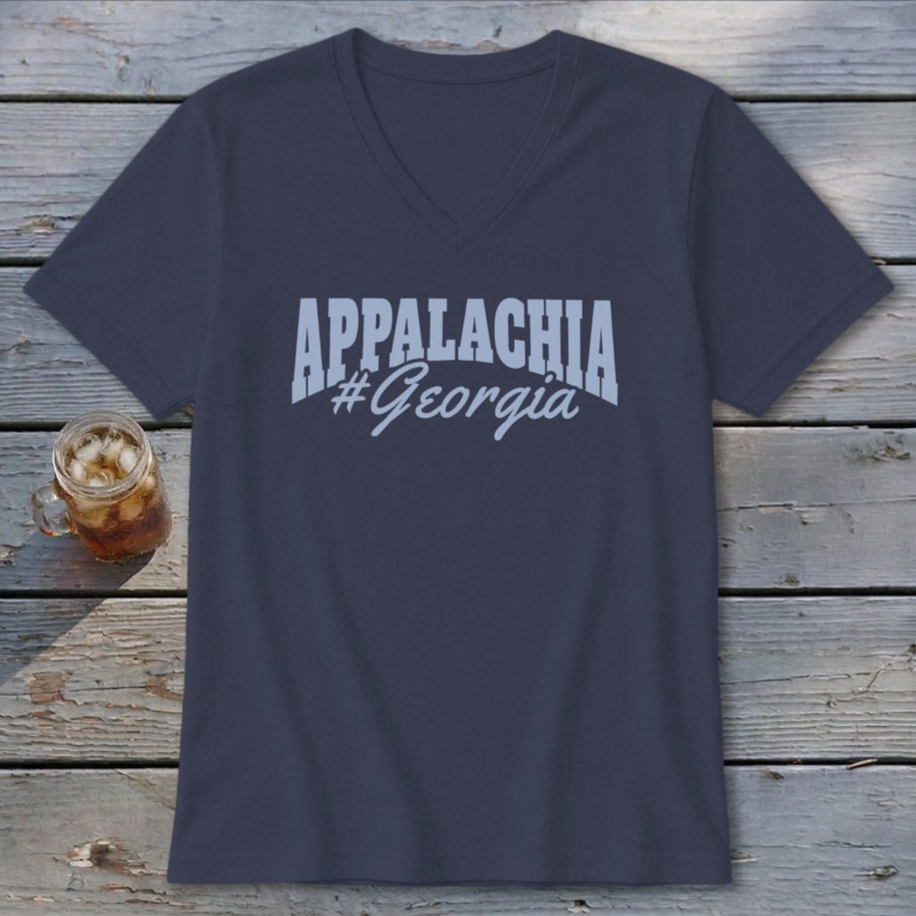 Navy v-neck t-shirt with "APPALACHIA #Georgia" text and iced drink.