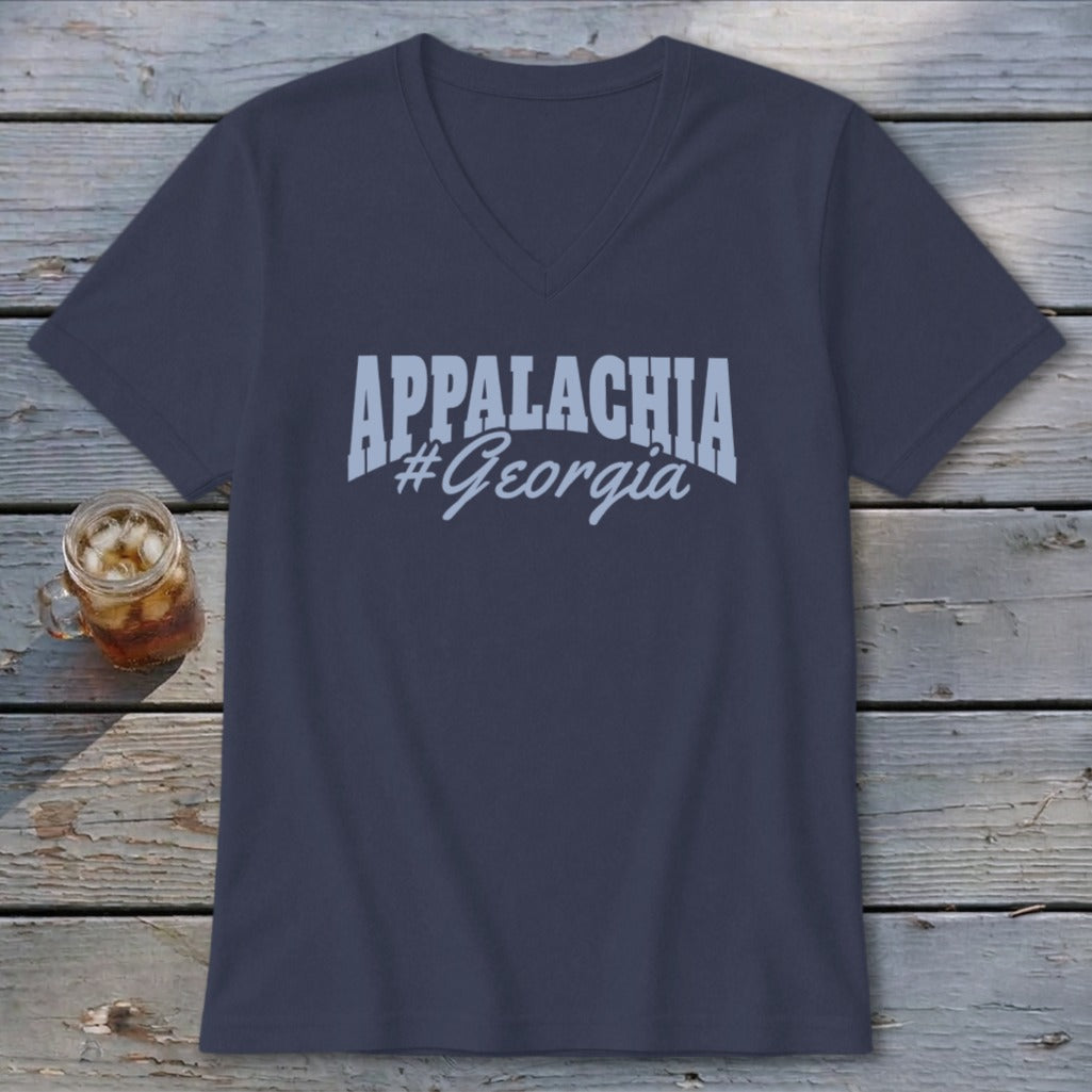 Navy v-neck t-shirt with "APPALACHIA #Georgia" text and iced drink.