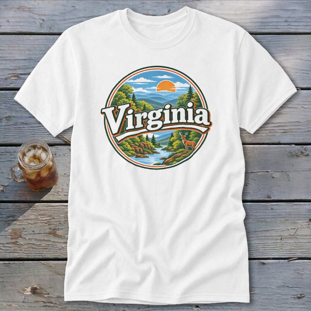 White t-shirt with a circular graphic of a Virginia landscape and a deer.