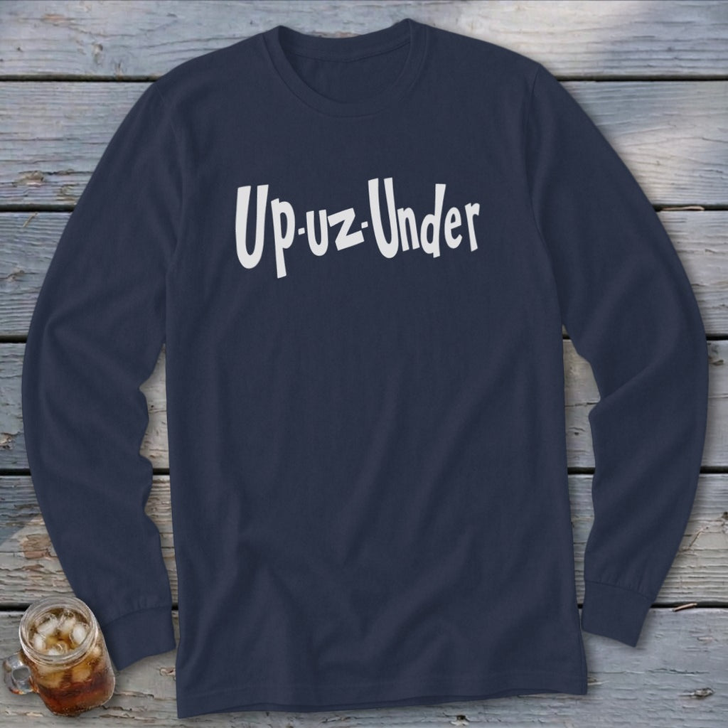 Dark blue long-sleeve t-shirt with white text reading "Up-uz-Under" centered on the chest.