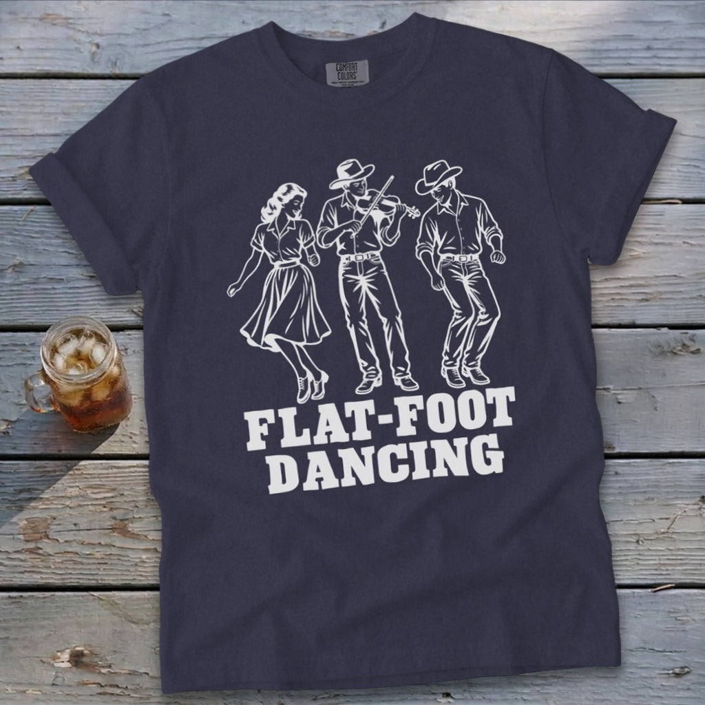 Dark blue t-shirt with white graphic of three people flat-foot dancing and text.