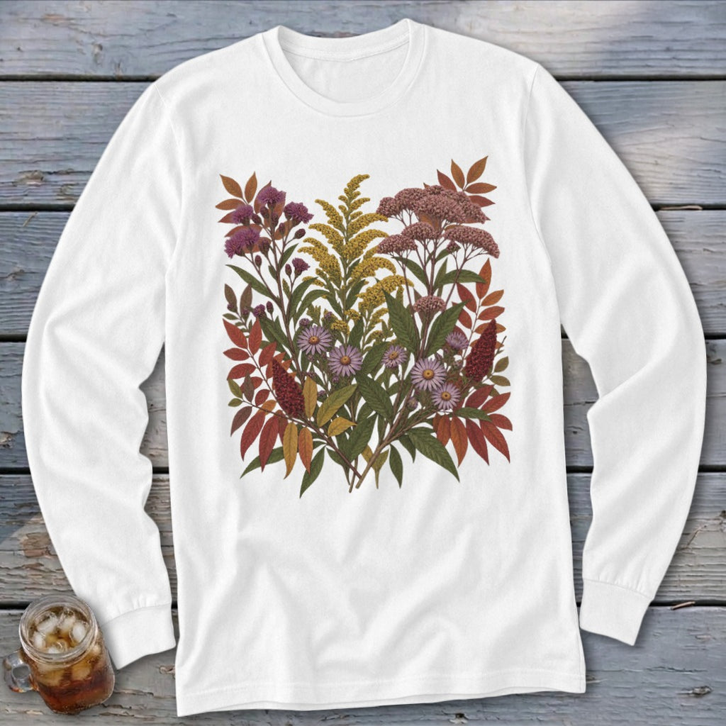 White long-sleeve shirt featuring a vintage-style botanical illustration of wildflowers and foliage.