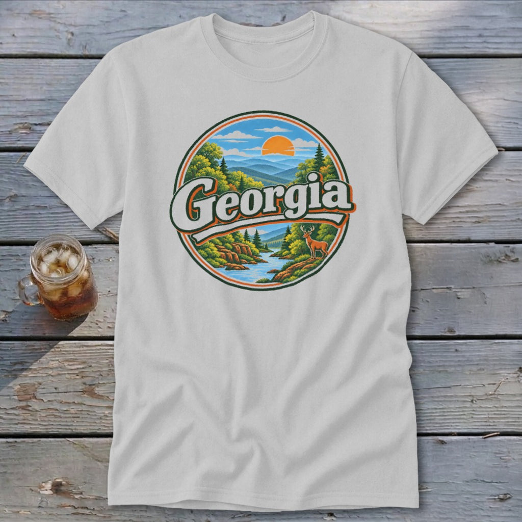 White t-shirt with circular Georgia mountain landscape graphic featuring a deer.
