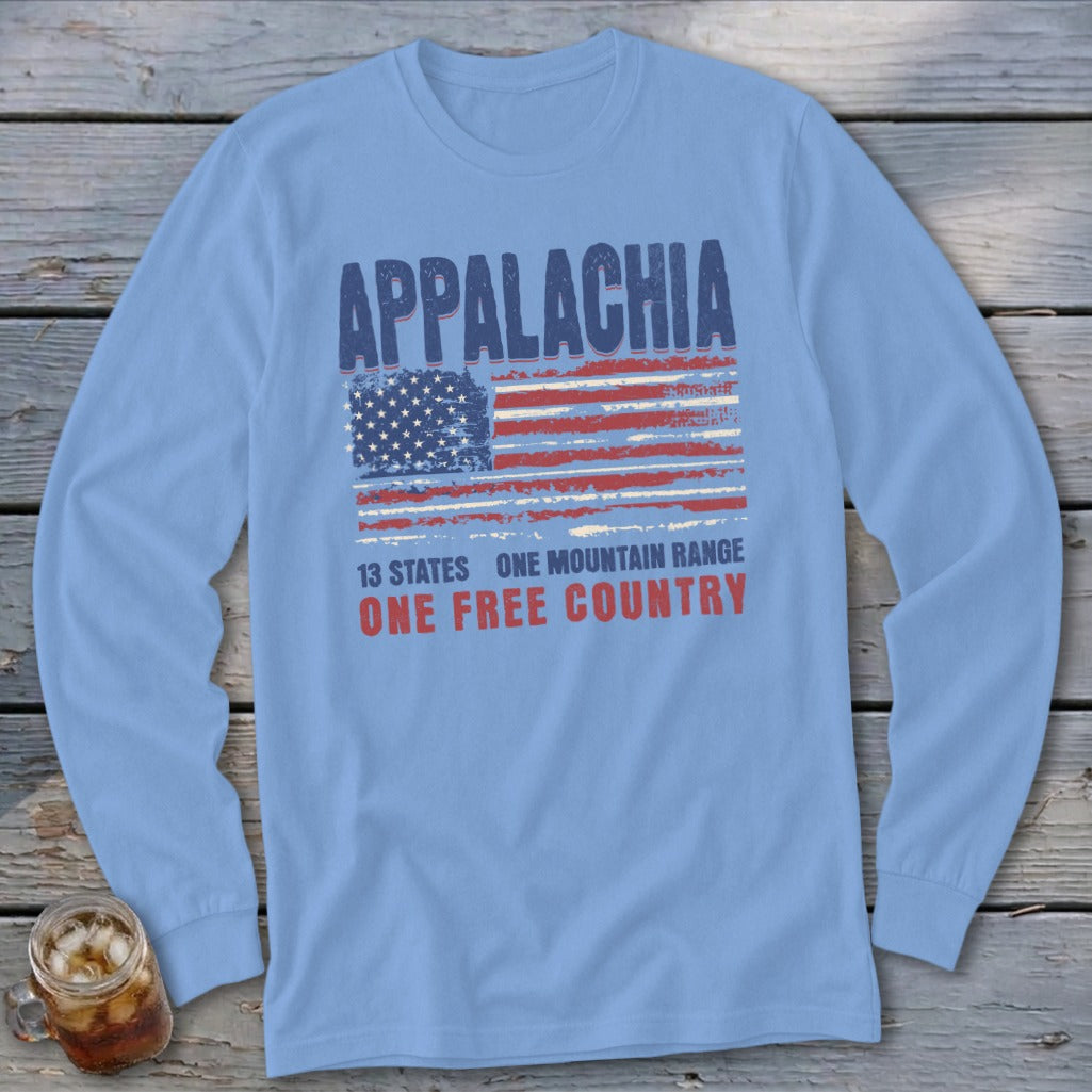 Light blue long-sleeve t-shirt with a distressed graphic of the American flag and the text APPALACHIA.