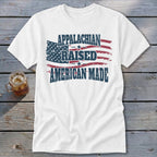 White t-shirt with distressed American flag graphic and text "Appalachian Raised American Made".