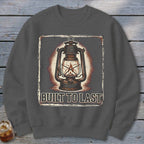 Dark gray sweatshirt with vintage lantern graphic and text "BUILT TO LAST".