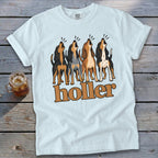 White t-shirt with four howling dogs and "holler" text graphic.