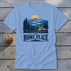 Light blue t-shirt with "The Home Place" text and a mountain landscape graphic.