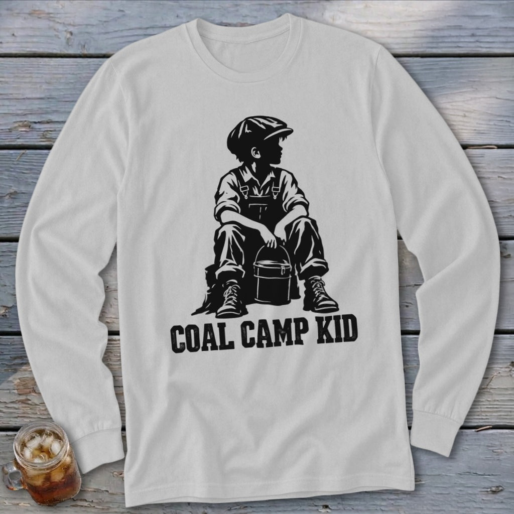 White long-sleeve shirt with black "Coal Camp Kid" graphic of a boy holding a bucket.