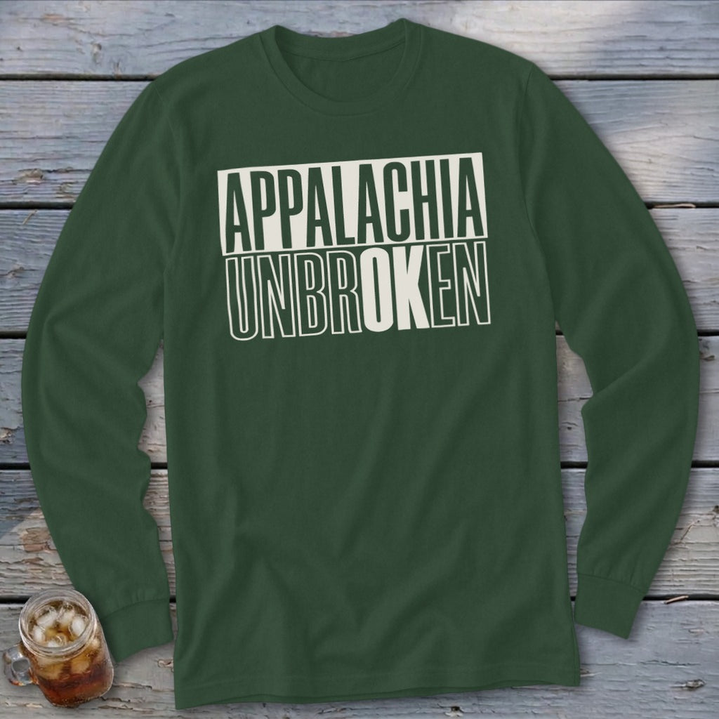 Dark green long-sleeve shirt with "APPALACHIA UNBROKEN" text in white outline.