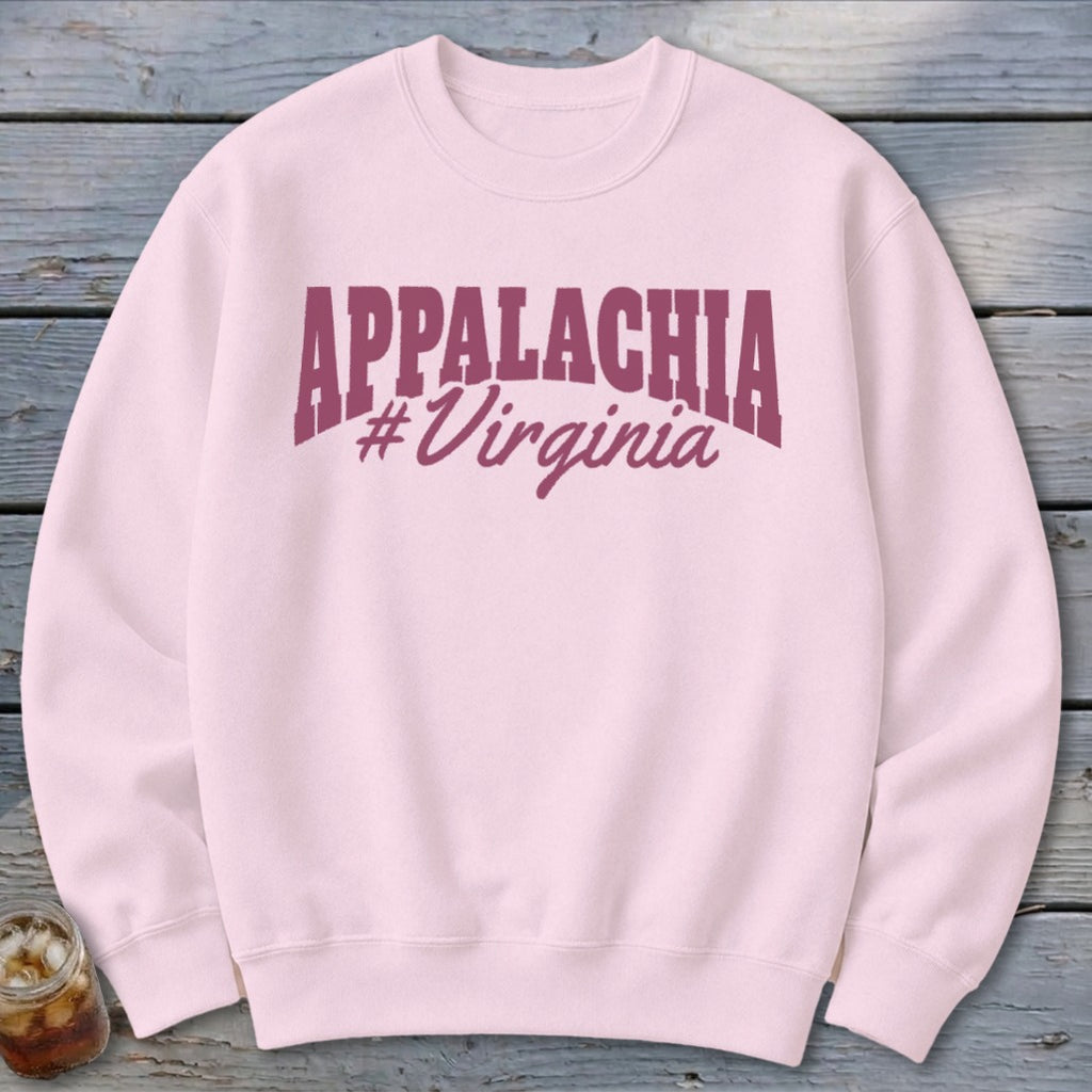 Light pink sweatshirt with burgundy "APPALACHIA #Virginia" graphic.