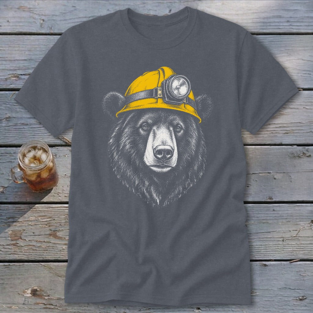 Bear wearing a yellow hard hat with a headlamp graphic on a dark grey t-shirt.