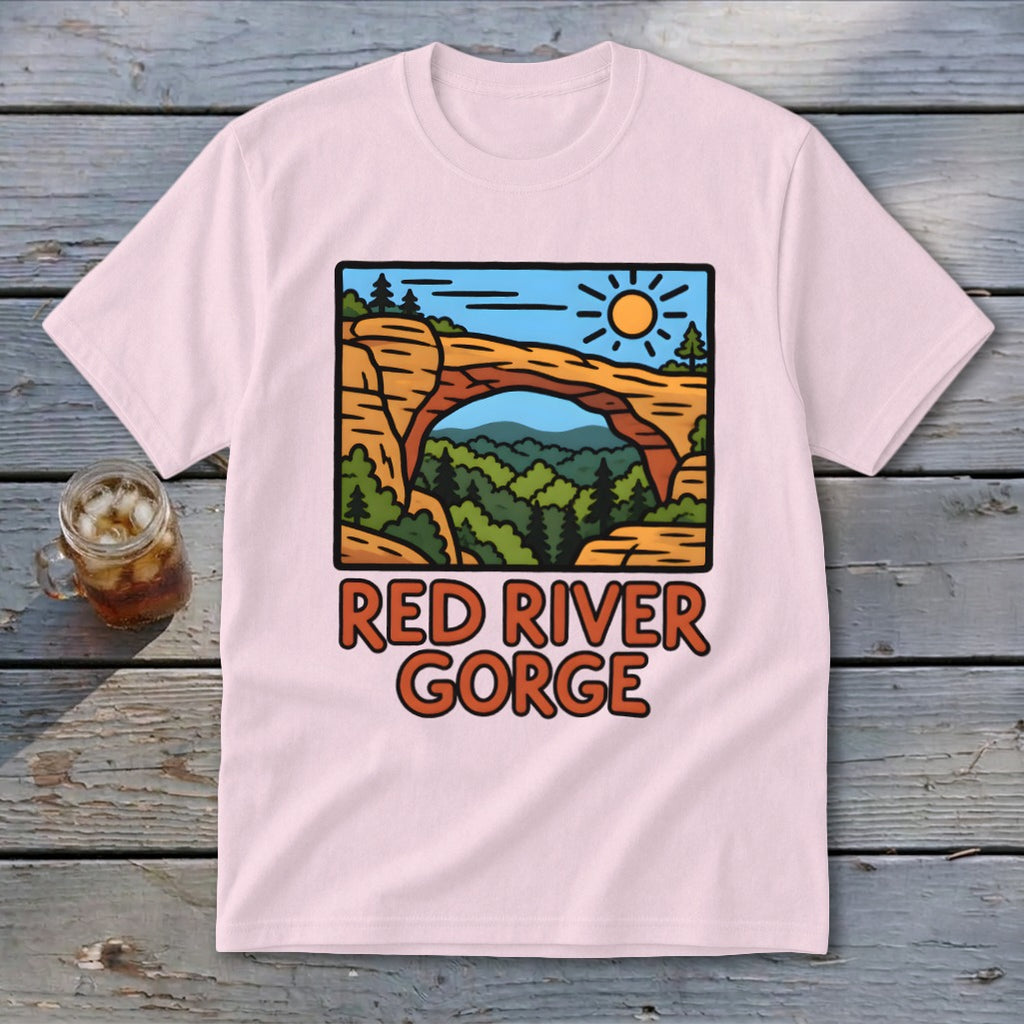 Pink t-shirt with Red River Gorge landscape graphic and text.