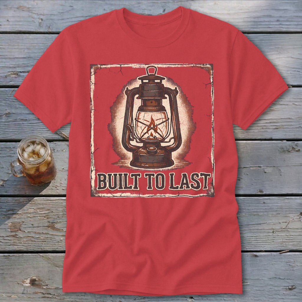 Red t-shirt with vintage lantern graphic and text "BUILT TO LAST".