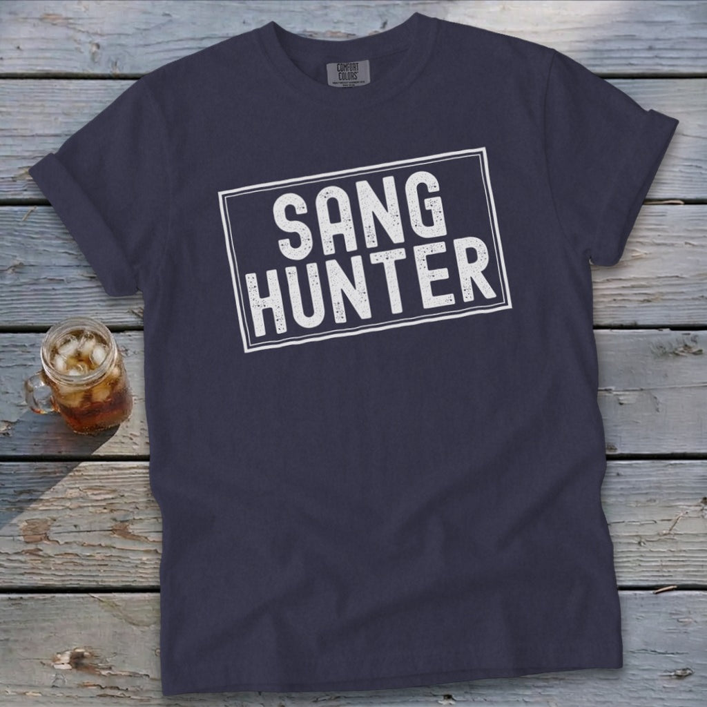 Navy blue t-shirt with white text that reads "SANG HUNTER" inside a rectangular outline.