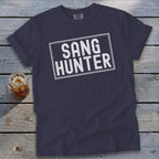 Navy blue t-shirt with white text that reads "SANG HUNTER" inside a rectangular outline.