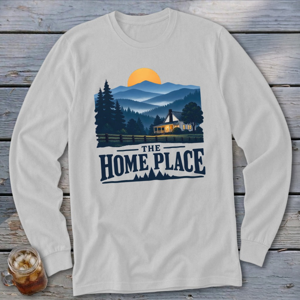 Long sleeve shirt with landscape graphic and "The Home Place" text.