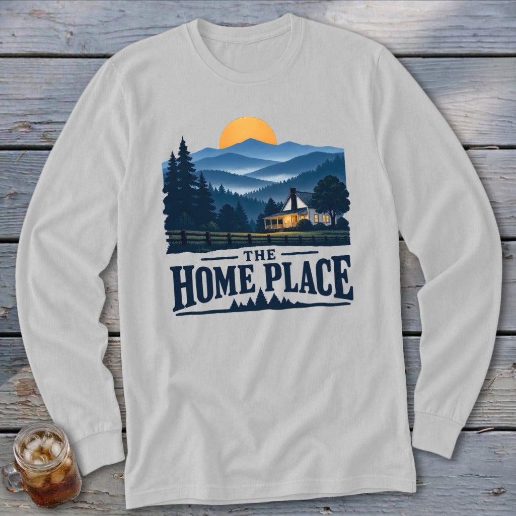 Long sleeve shirt with landscape graphic and "The Home Place" text.