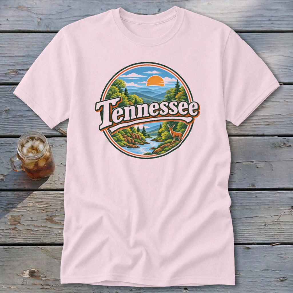 Pink t-shirt with circular Tennessee landscape graphic featuring deer and mountains