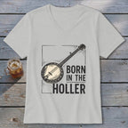 Light gray v-neck t-shirt with banjo graphic and text "BORN IN THE HOLLER".