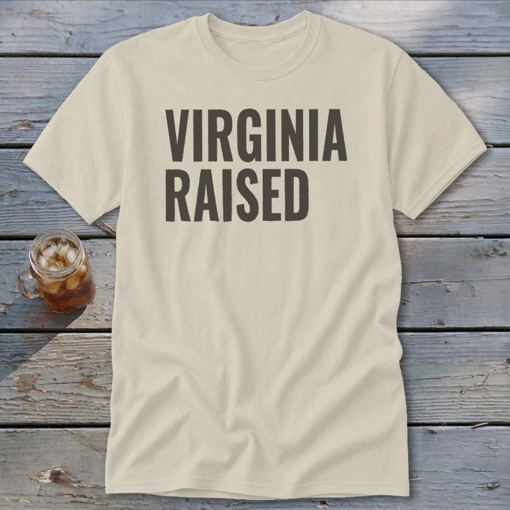 Cream t-shirt with "VIRGINIA RAISED" text in dark grey letters.