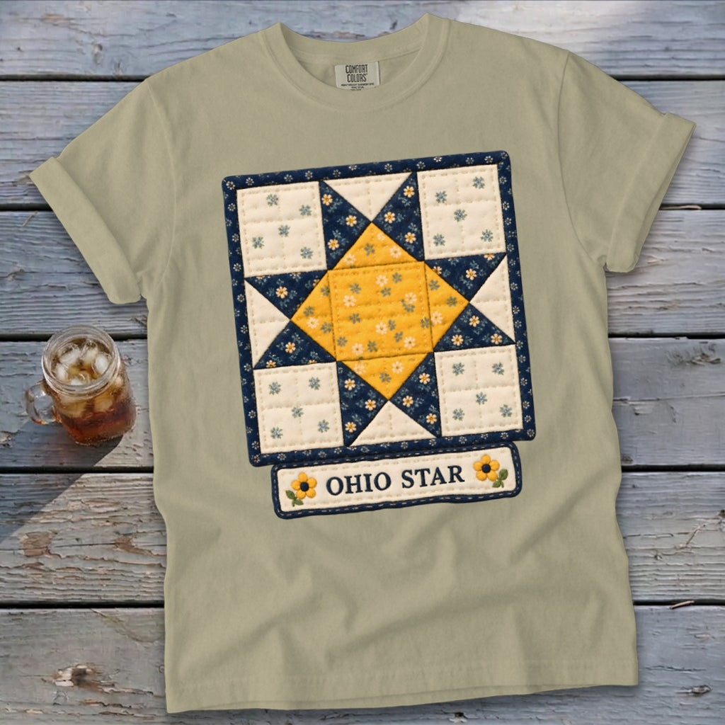 Tan t-shirt with Ohio Star quilt design and sunflowers.