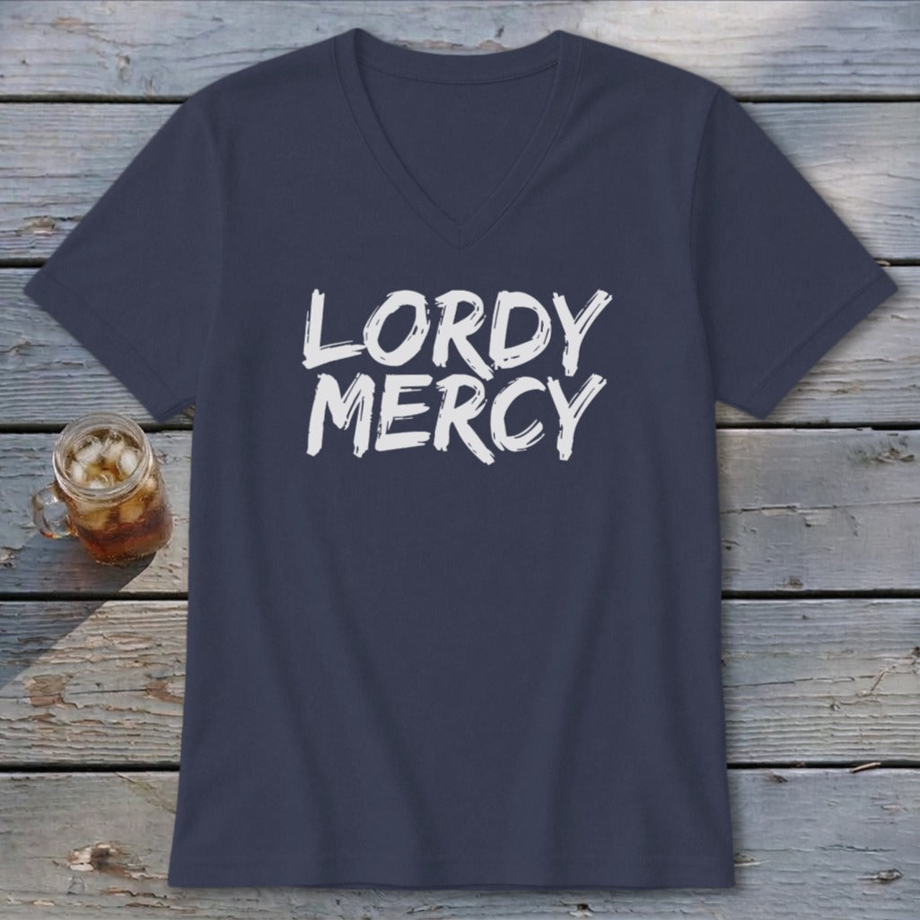 Navy v-neck t-shirt with white "LORDY MERCY" text.