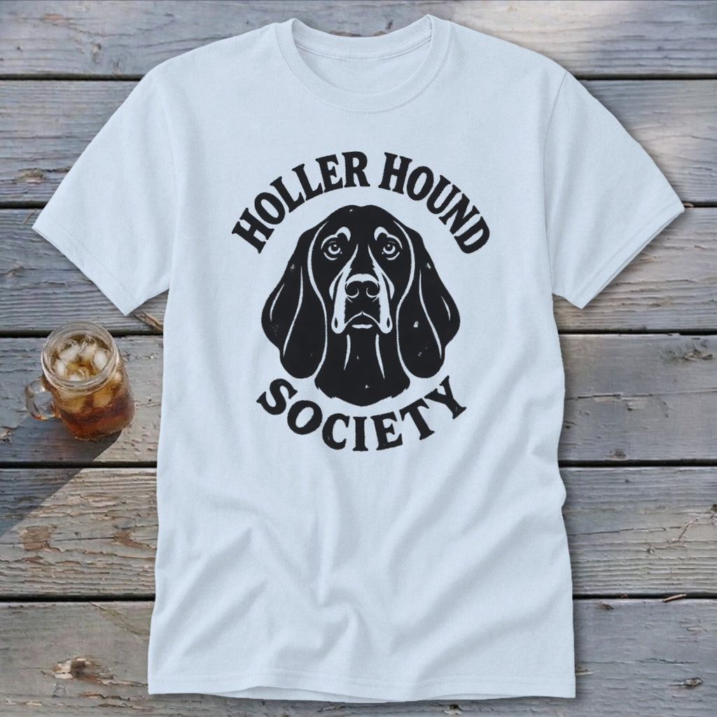 White t-shirt with black "Holler Hound Society" text and dog graphic.